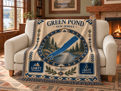 Green Pond Woven Landmark Medallion blanket draped over a couch
