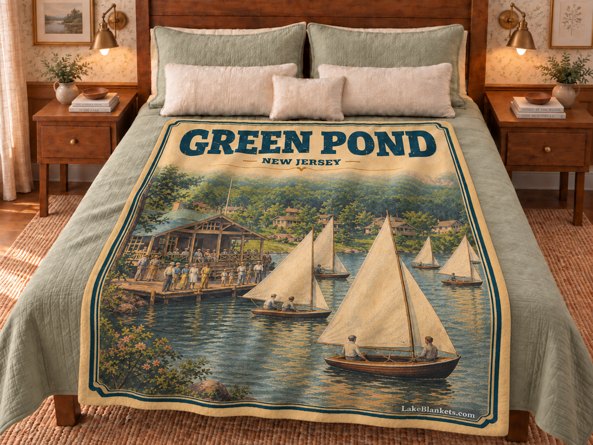 Green Pond Photoesc blanket displayed on a bed