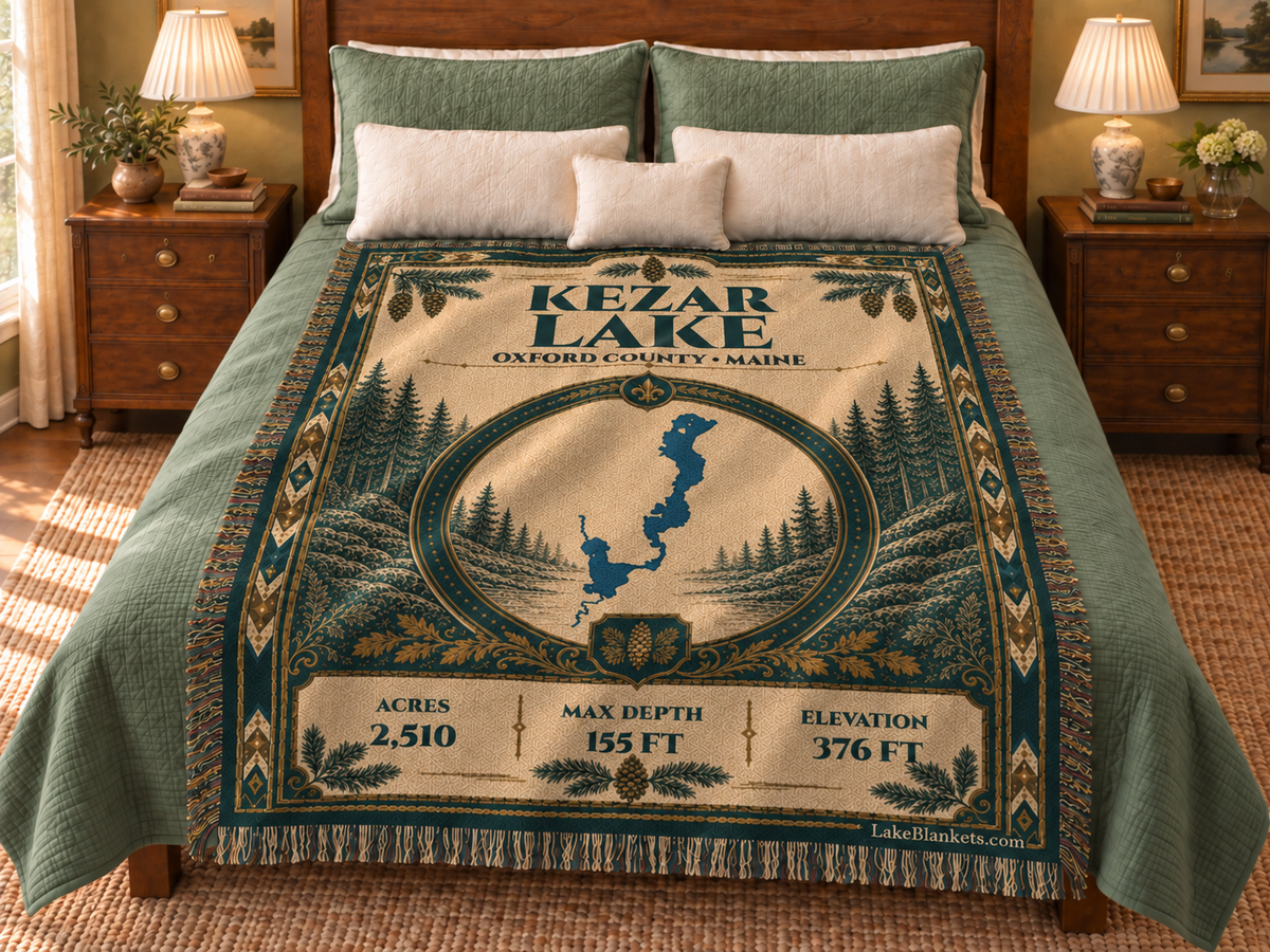 Kezar Lake Woven Heritage blanket displayed on a bed