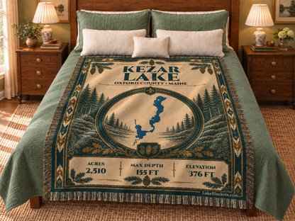 Kezar Lake Woven Heritage blanket displayed on a bed