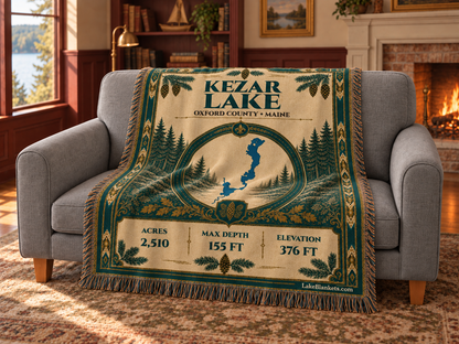 Kezar Lake Woven Heritage blanket draped over a couch