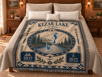 Kezar Lake Woven Landmark Medallion blanket displayed on a bed