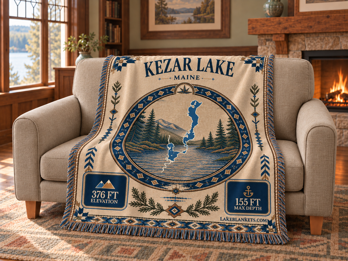 Kezar Lake Woven Landmark Medallion blanket draped over a couch