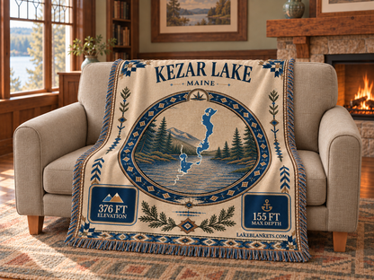Kezar Lake Woven Landmark Medallion blanket draped over a couch