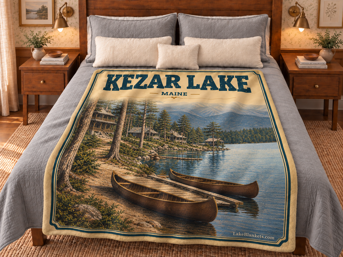 Kezar Lake Photoesc blanket displayed on a bed