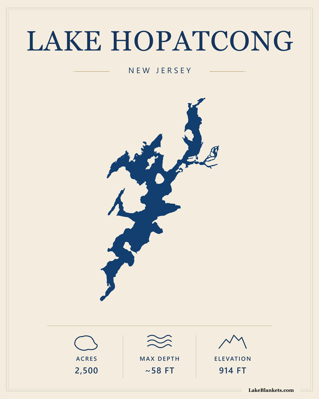 Lake Hopatcong New Jersey minimalist fleece blanket with exact navy lake silhouette and verified facts