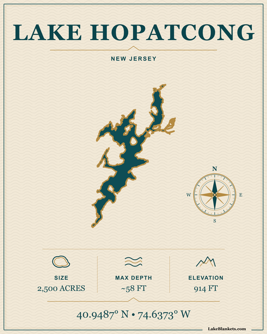 Lake Hopatcong New Jersey navigation fleece blanket with exact lake silhouette compass and coordinates