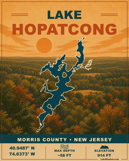 Lake Hopatcong New Jersey vintage Sherpa blanket with exact lake silhouette and autumn woodland poster scene