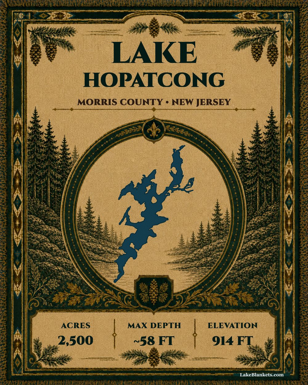 Lake Hopatcong New Jersey woven heritage blanket with exact lake medallion pinecones and ornamental border