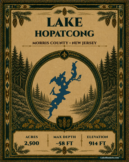 Lake Hopatcong New Jersey woven heritage blanket with exact lake medallion pinecones and ornamental border