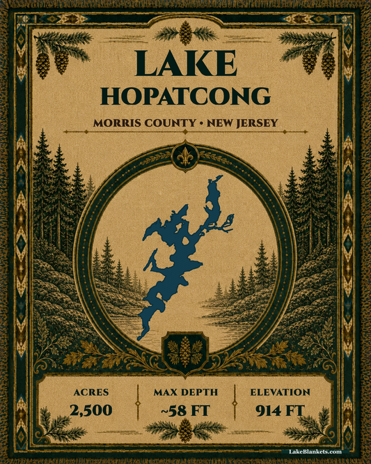 Lake Hopatcong New Jersey woven heritage blanket with exact lake medallion pinecones and ornamental border