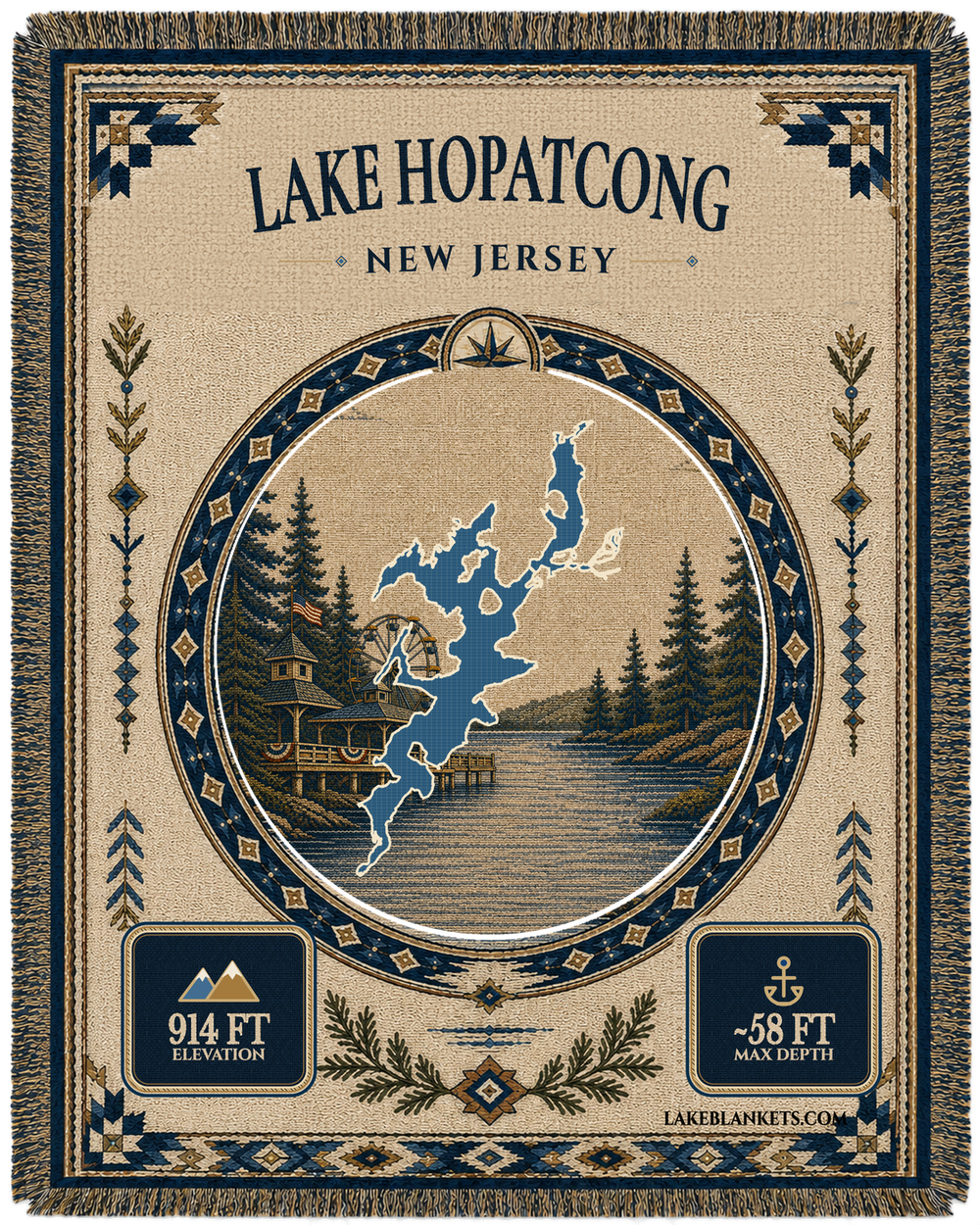 Lake Hopatcong New Jersey woven landmark medallion blanket with exact lake shape Ferris wheel pier and steamboat scene