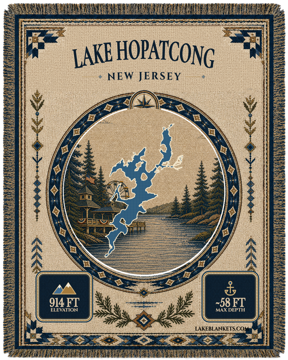 Lake Hopatcong New Jersey woven landmark medallion blanket with exact lake shape Ferris wheel pier and steamboat scene