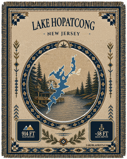 Lake Hopatcong New Jersey woven landmark medallion blanket with exact lake shape Ferris wheel pier and steamboat scene