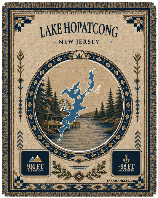 Lake Hopatcong New Jersey woven landmark medallion blanket with exact lake shape Ferris wheel pier and steamboat scene