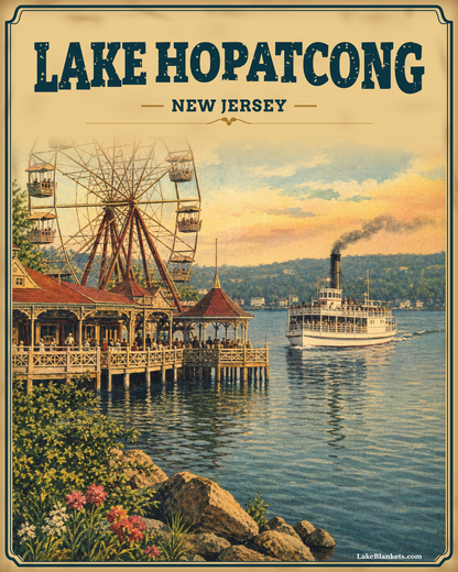 Lake Hopatcong New Jersey Photoesc Sherpa blanket with vintage Bertrand Island Ferris wheel pier and passenger steamboat scene