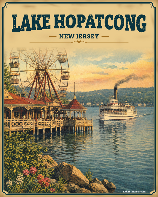 Lake Hopatcong New Jersey Photoesc Sherpa blanket with vintage Bertrand Island Ferris wheel pier and passenger steamboat scene