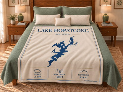 Lake Hopatcong Minimalist blanket displayed on a bed