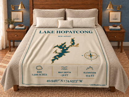 Lake Hopatcong Minimalist Navigation blanket displayed on a bed
