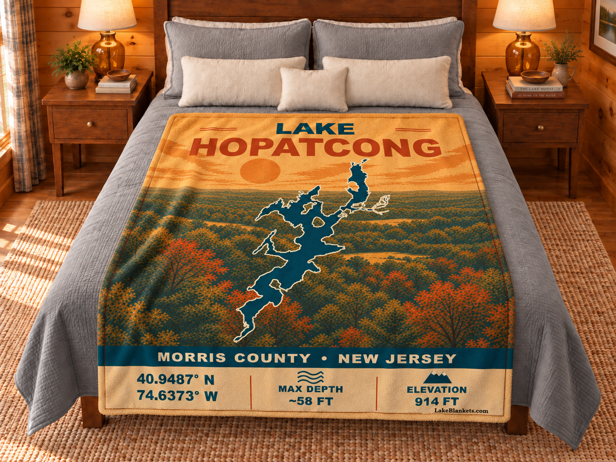Lake Hopatcong Vintage blanket displayed on a bed