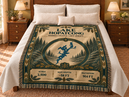 Lake Hopatcong Woven Heritage blanket displayed on a bed