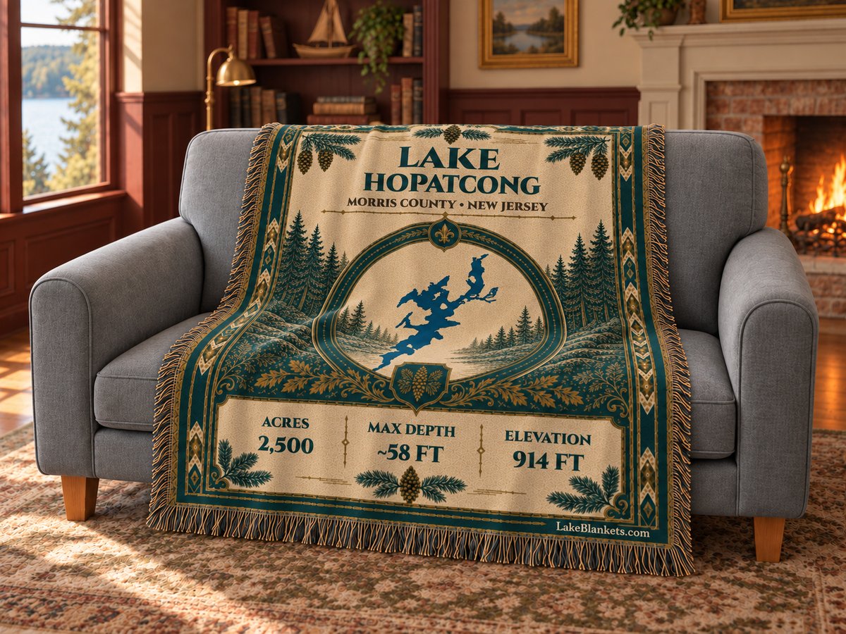 Lake Hopatcong Woven Heritage blanket draped over a couch