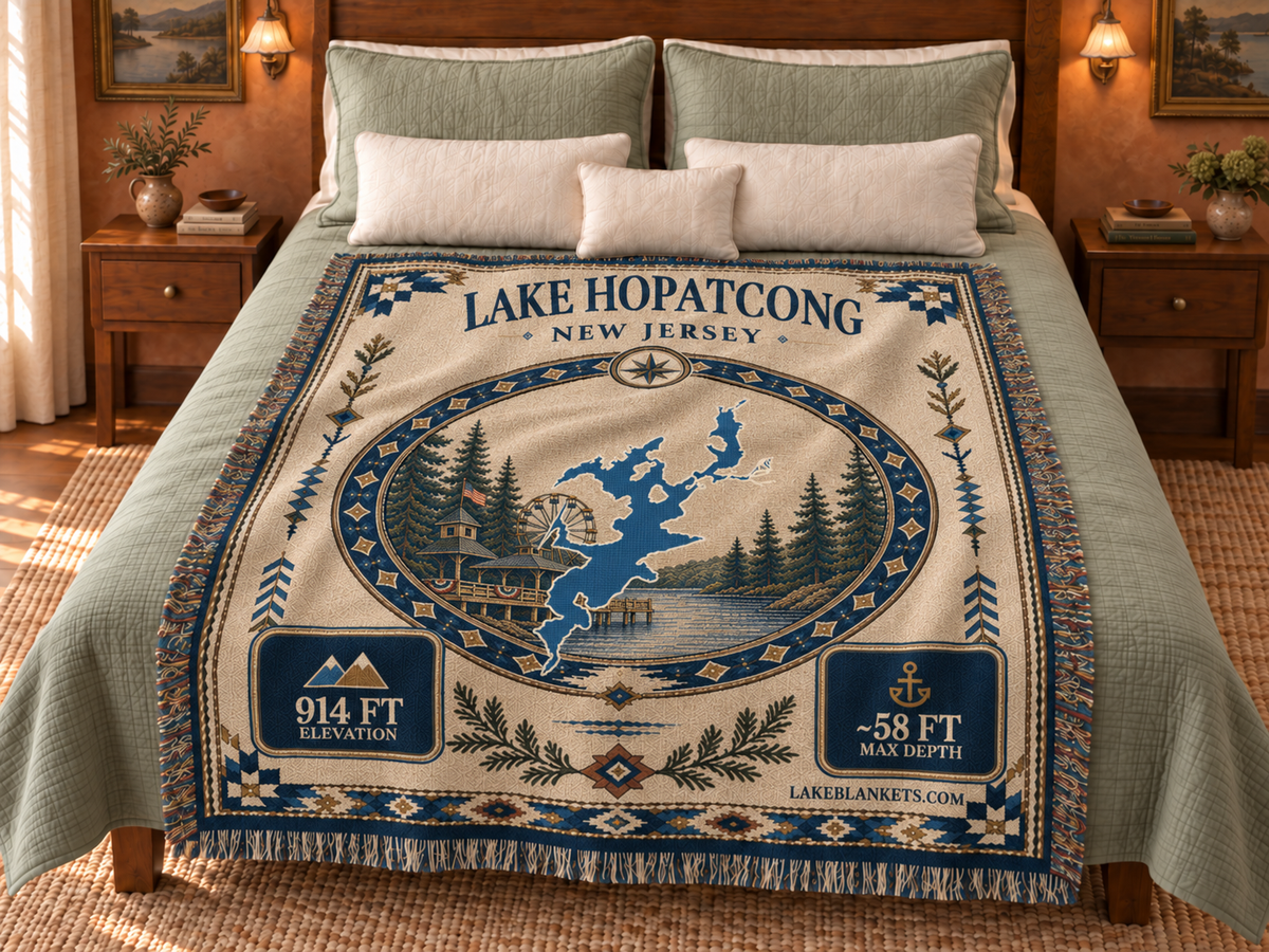 Lake Hopatcong Woven Landmark Medallion blanket displayed on a bed