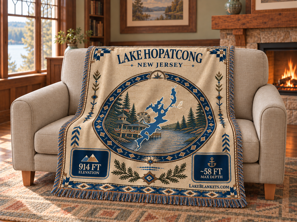 Lake Hopatcong Woven Landmark Medallion blanket draped over a couch