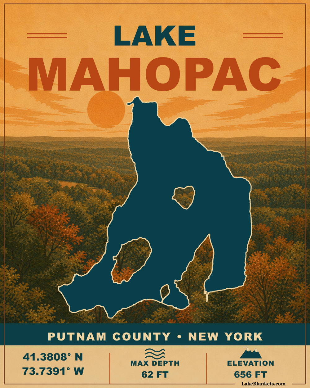 Lake Mahopac New York vintage sherpa blanket with exact island-filled lake silhouette and warm northeastern woodland artwork