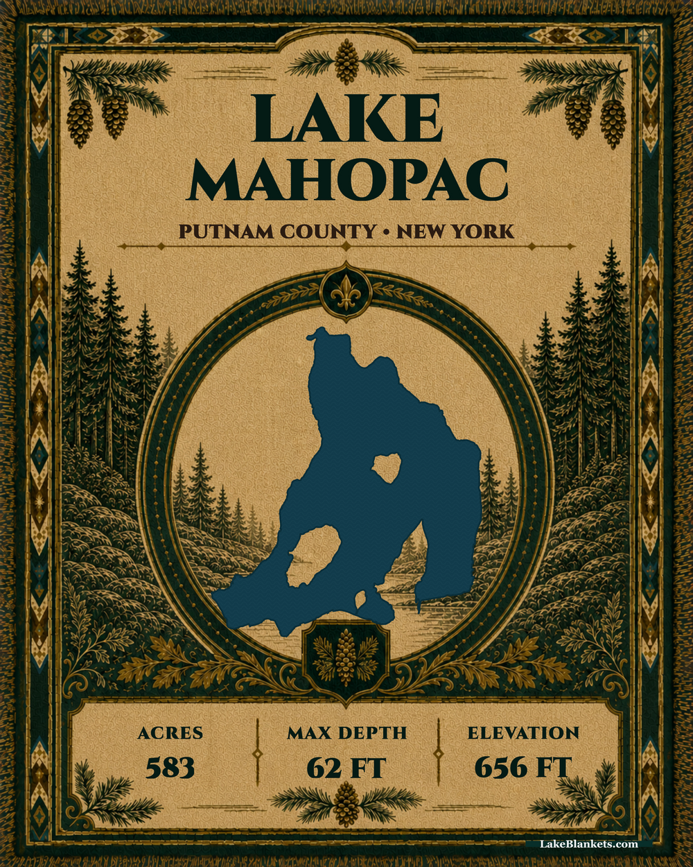 Lake Mahopac New York woven heritage blanket with exact island-filled lake silhouette, evergreen medallion, facts, and fringe