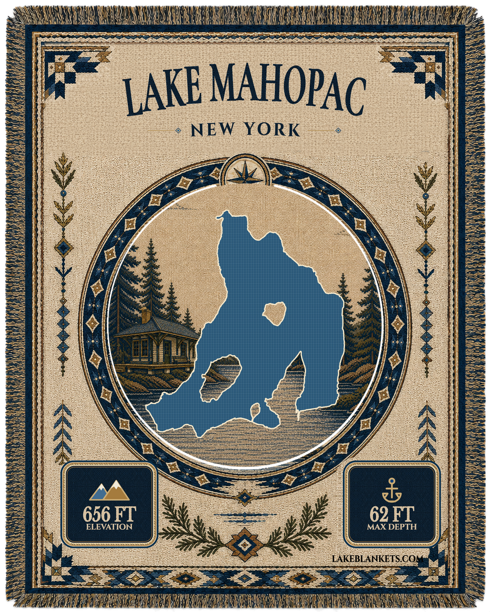 Lake Mahopac New York woven landmark blanket with exact island-filled lake silhouette, railroad-era depot scene, verified facts, and fringe