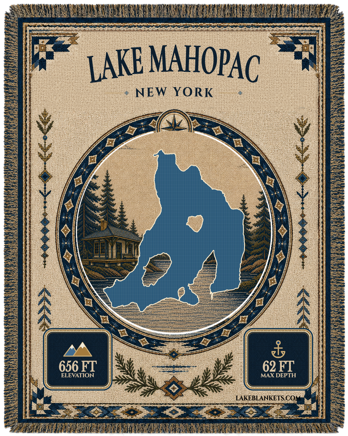 Lake Mahopac New York woven landmark blanket with exact island-filled lake silhouette, railroad-era depot scene, verified facts, and fringe