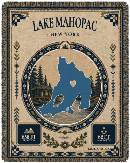 Lake Mahopac New York woven landmark blanket with exact island-filled lake silhouette, railroad-era depot scene, verified facts, and fringe