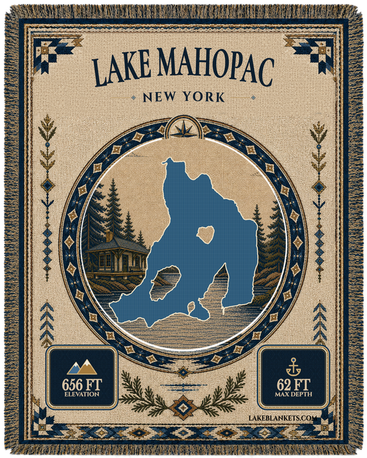 Lake Mahopac New York woven landmark blanket with exact island-filled lake silhouette, railroad-era depot scene, verified facts, and fringe