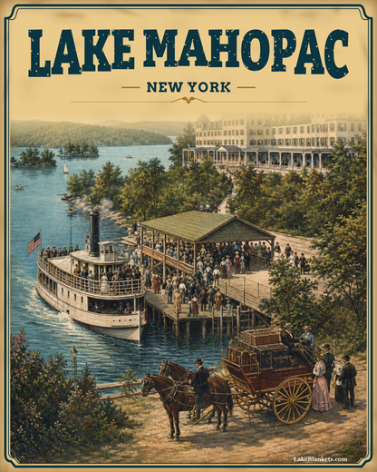 Lake Mahopac New York vintage sherpa blanket with Hotel Mahopac, steamer landing, excursion boat, and horse-drawn resort arrival scene