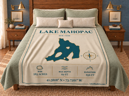 Lake Mahopac Minimalist Navigation blanket displayed on a bed