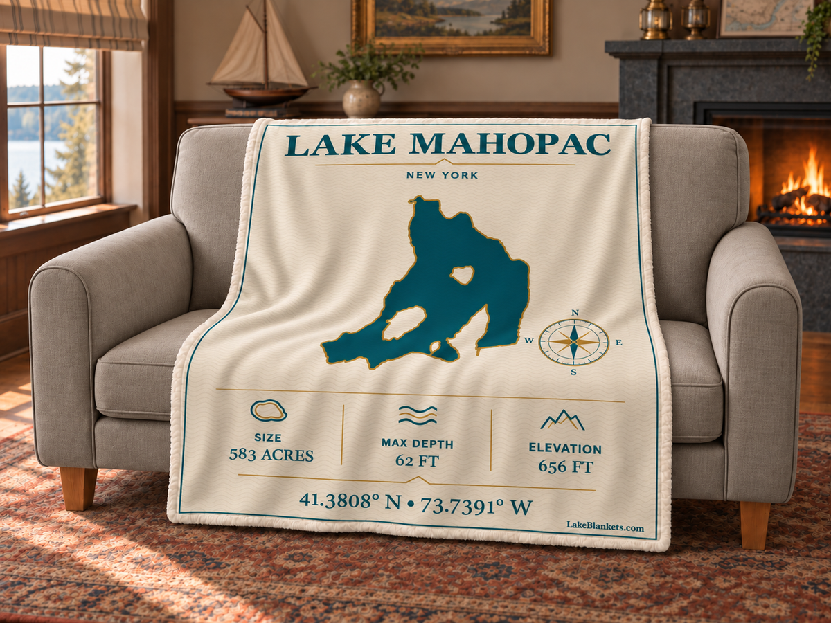 Lake Mahopac Minimalist Navigation blanket draped over a couch