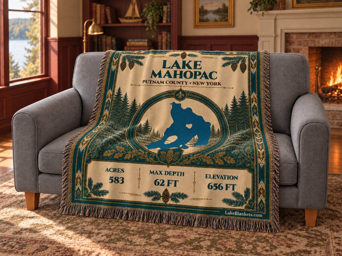 Lake Mahopac Woven Heritage blanket draped over a couch