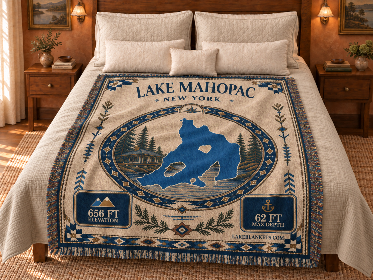 Lake Mahopac Woven Landmark Medallion blanket displayed on a bed
