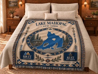 Lake Mahopac Woven Landmark Medallion blanket displayed on a bed