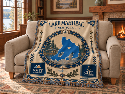 Lake Mahopac Woven Landmark Medallion blanket draped over a couch