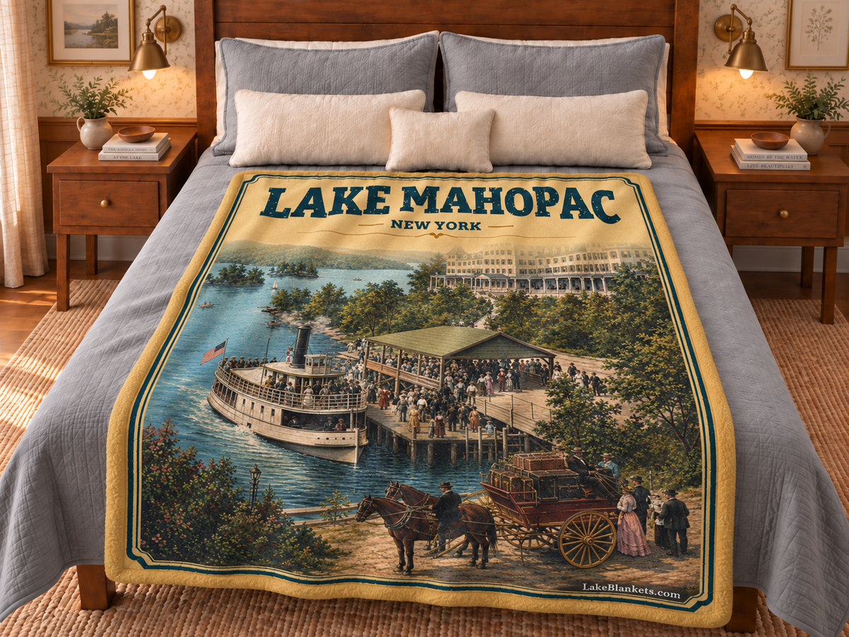 Lake Mahopac Photoesc blanket displayed on a bed