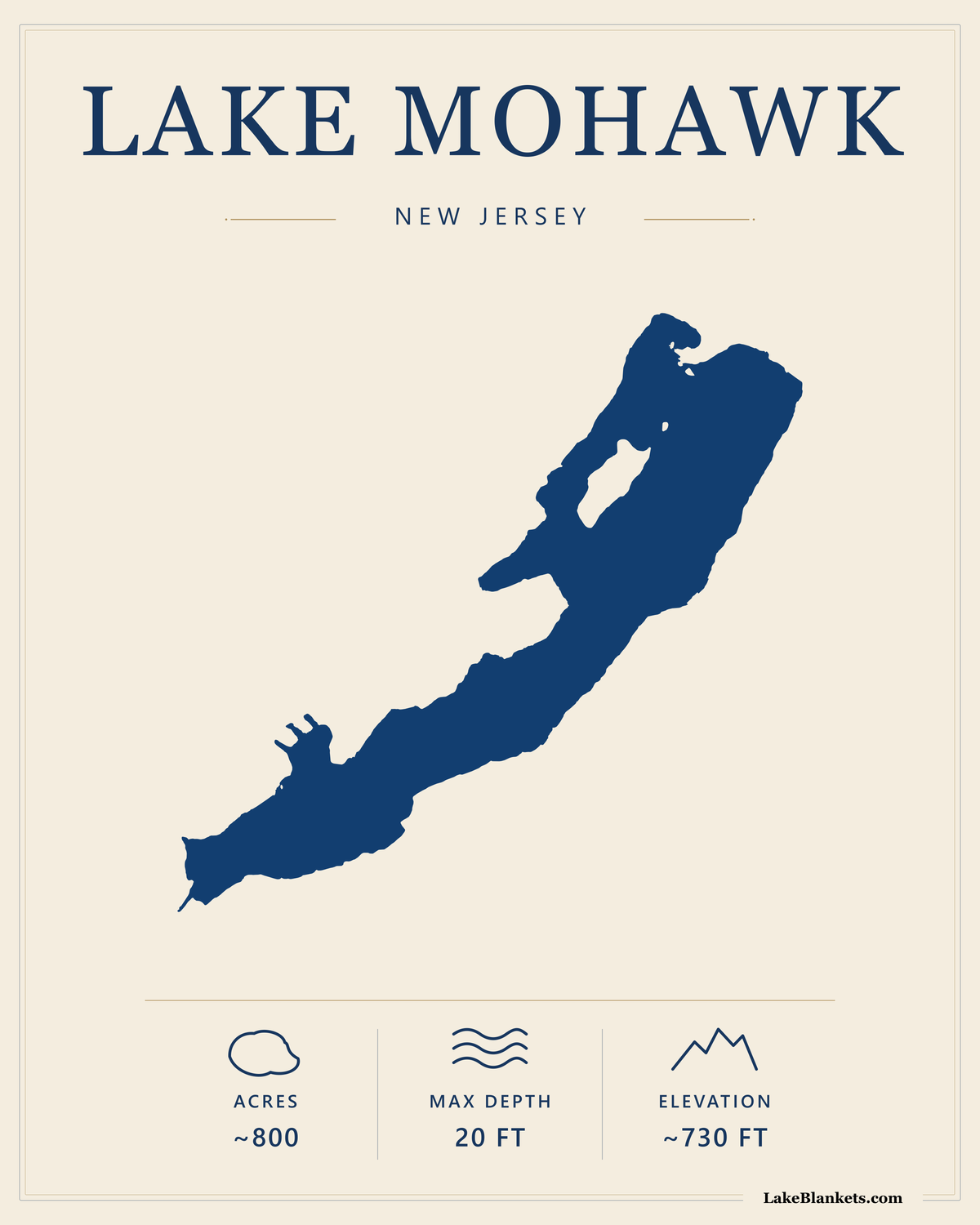 Lake Mohawk New Jersey minimalist fleece blanket with exact navy lake silhouette and verified facts