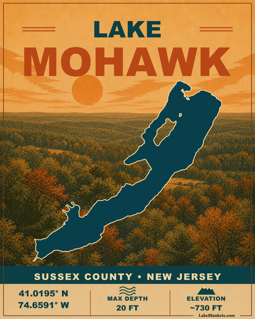 Lake Mohawk New Jersey vintage Sherpa blanket with exact lake silhouette and autumn woodland poster scene