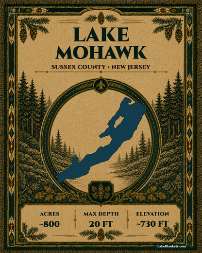Lake Mohawk New Jersey woven heritage blanket with exact lake medallion pinecones and ornamental border