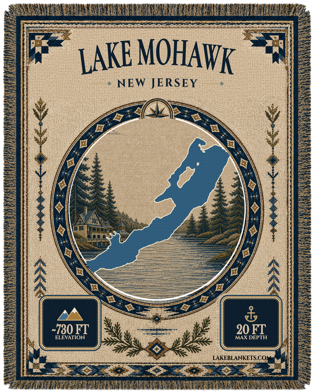 Lake Mohawk New Jersey woven landmark medallion blanket with exact lake shape and clubhouse boardwalk scene