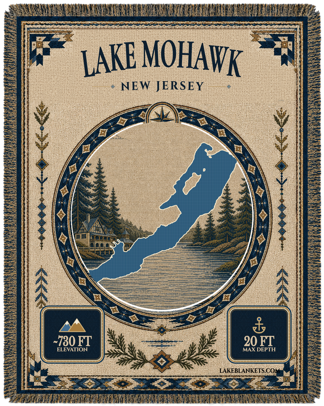 Lake Mohawk New Jersey woven landmark medallion blanket with exact lake shape and clubhouse boardwalk scene