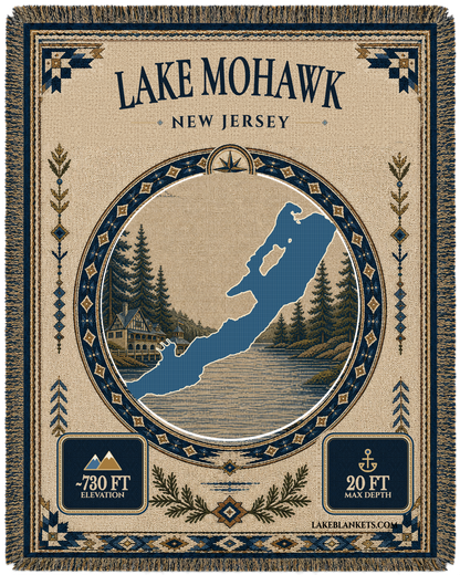 Lake Mohawk New Jersey woven landmark medallion blanket with exact lake shape and clubhouse boardwalk scene