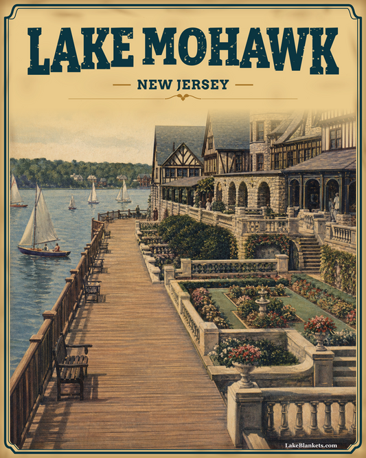 Lake Mohawk New Jersey Photoesc Sherpa blanket with vintage clubhouse boardwalk gardens and sailboats scene
