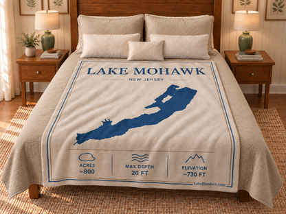 Lake Mohawk Minimalist blanket displayed on a bed